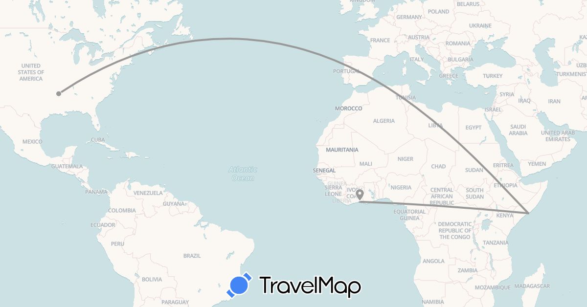 TravelMap itinerary: driving, plane in Côte d'Ivoire, Somalia, United States (Africa, North America)